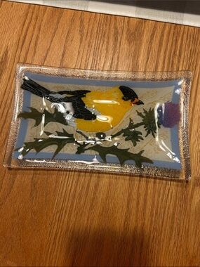 Peggy Karr Glass Decorative Tray with Yellow Goldfinch Bird Design